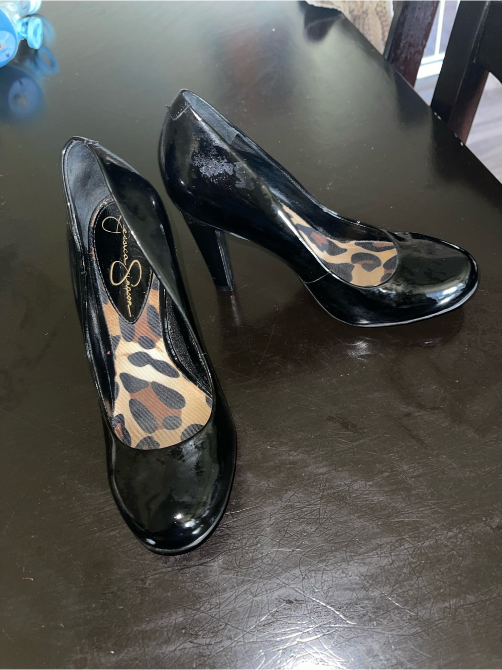 Jessica Simpson Black Patent Round-Toe Heels with Leopard Insole